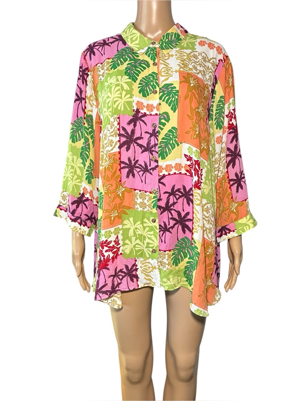 Rose & Olive Women's Tunic Button Down Shirt 2X Floral Chiffon Sheer Long Sleeve